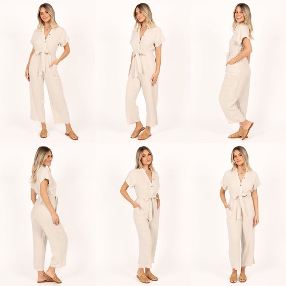 ↠ Petal & Pup Boho Minimalist Oat Chai Cream Archie Button Front Linen Jumpsuit - Picture 13 of 13